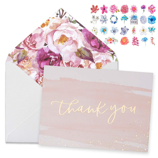 Thank You Cards - 48 Bulk Blank Gold Foil Watercolor Bulk Box Set（0.3$/count）